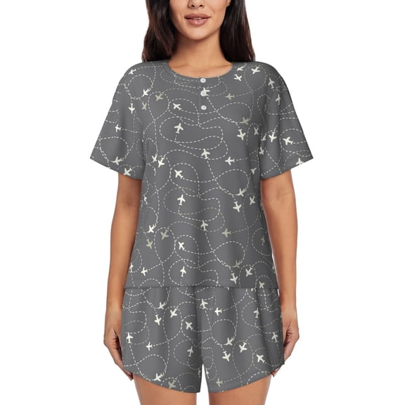 Fuzoiu Airplane Routes Around The World Print Women's Short-Sleeved Pajama Set,Lounge Sleepwear Set,Womens Pajama Sets 2 Piece,Button-Up Top and Shorts with Pockets-Small