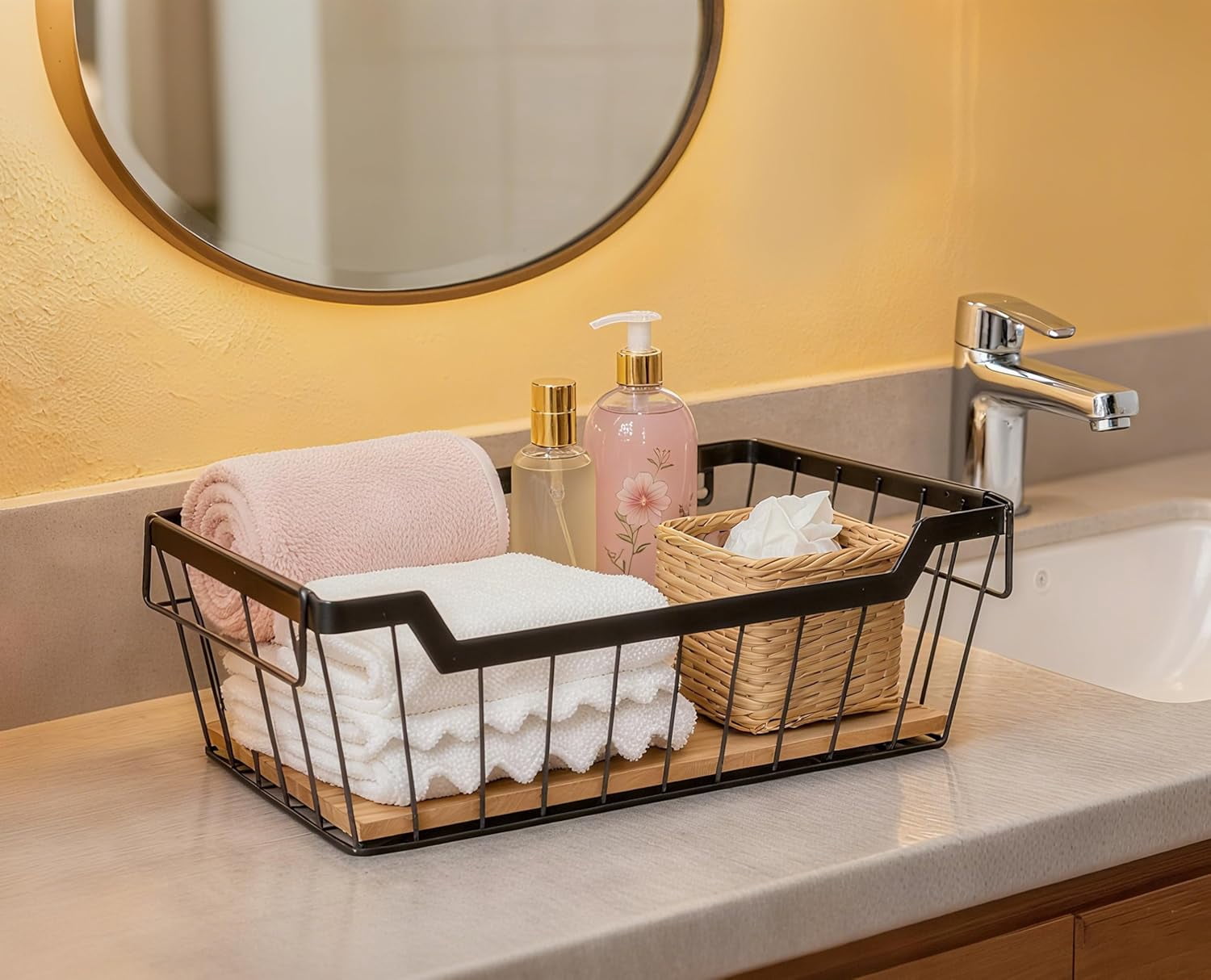 RGHJAR-Metal Wire Basket with Handles Storage Organizer Stackable Organizing bin for Cabinet Shelf Countertop Under Sink Pantry for Kitchen,Bathroom,Laundry Closet, 1 Pack