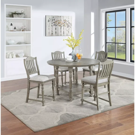 Light Grey Finish 5pc Counter Height Dining Set Counter Height Dining Table 4x High Chairs Slat Back Cushion Seats Dining Room