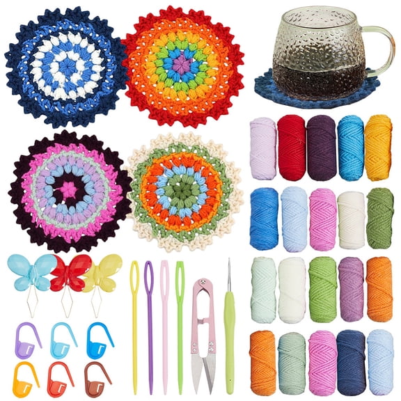 Crochet Coasters Kit Knitting Starter Kit with Step-by-Step Video Tutorials Instructions Easy to Learn Flower Coaster Crochet Yarn