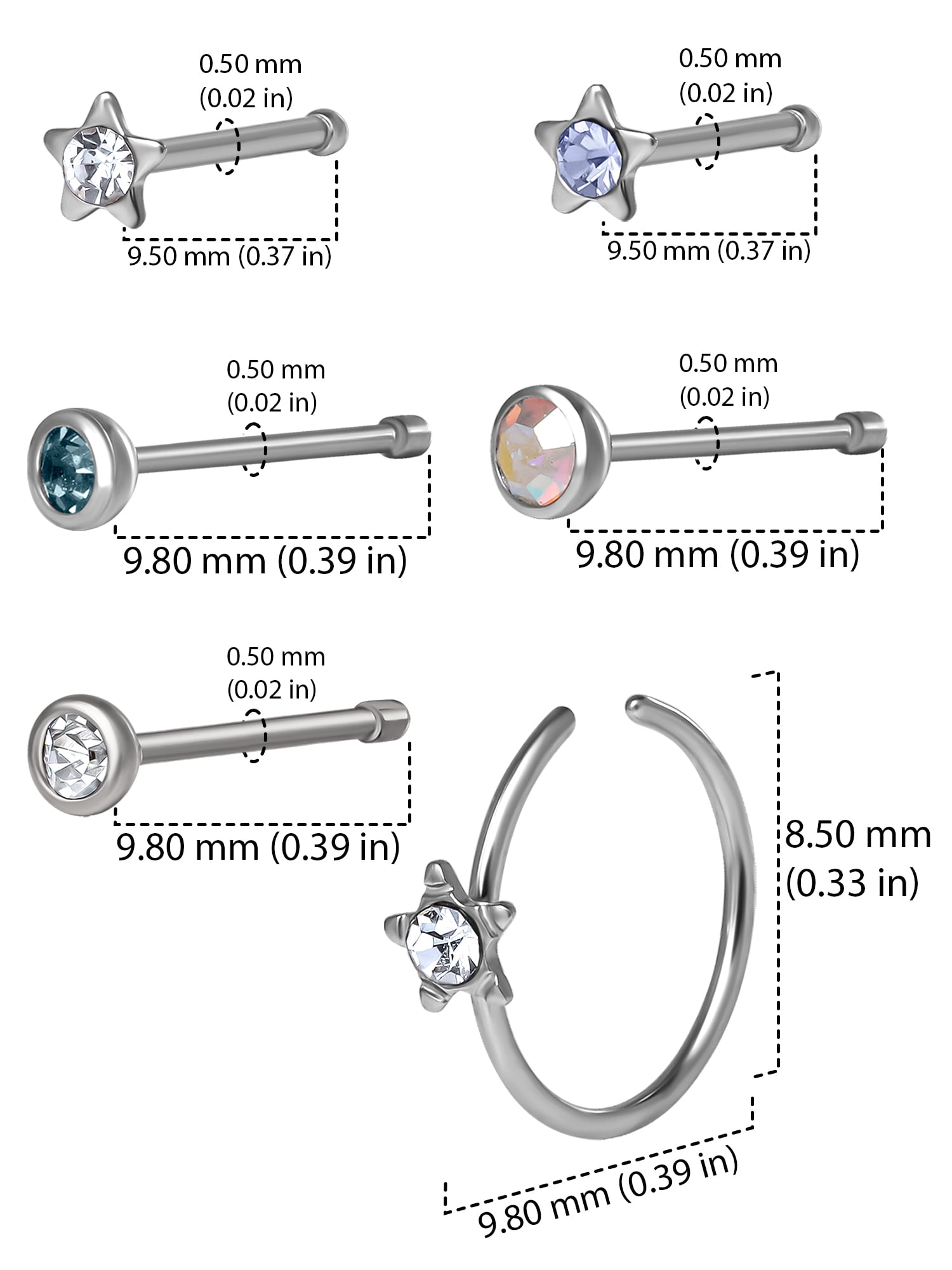 Sterling Silver CZ Earrings & Surgical Steel Nose Studs Set for Women
