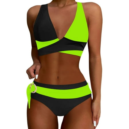 High Waisted Bikini Sets For Women Two Piece Swimsuits Wrap Front Bikini High Waisted Bottom Tummy Bathing Suits Color Block Cheeky High Cut Bathing Suits Vintage Print Swimwear #03 Green S