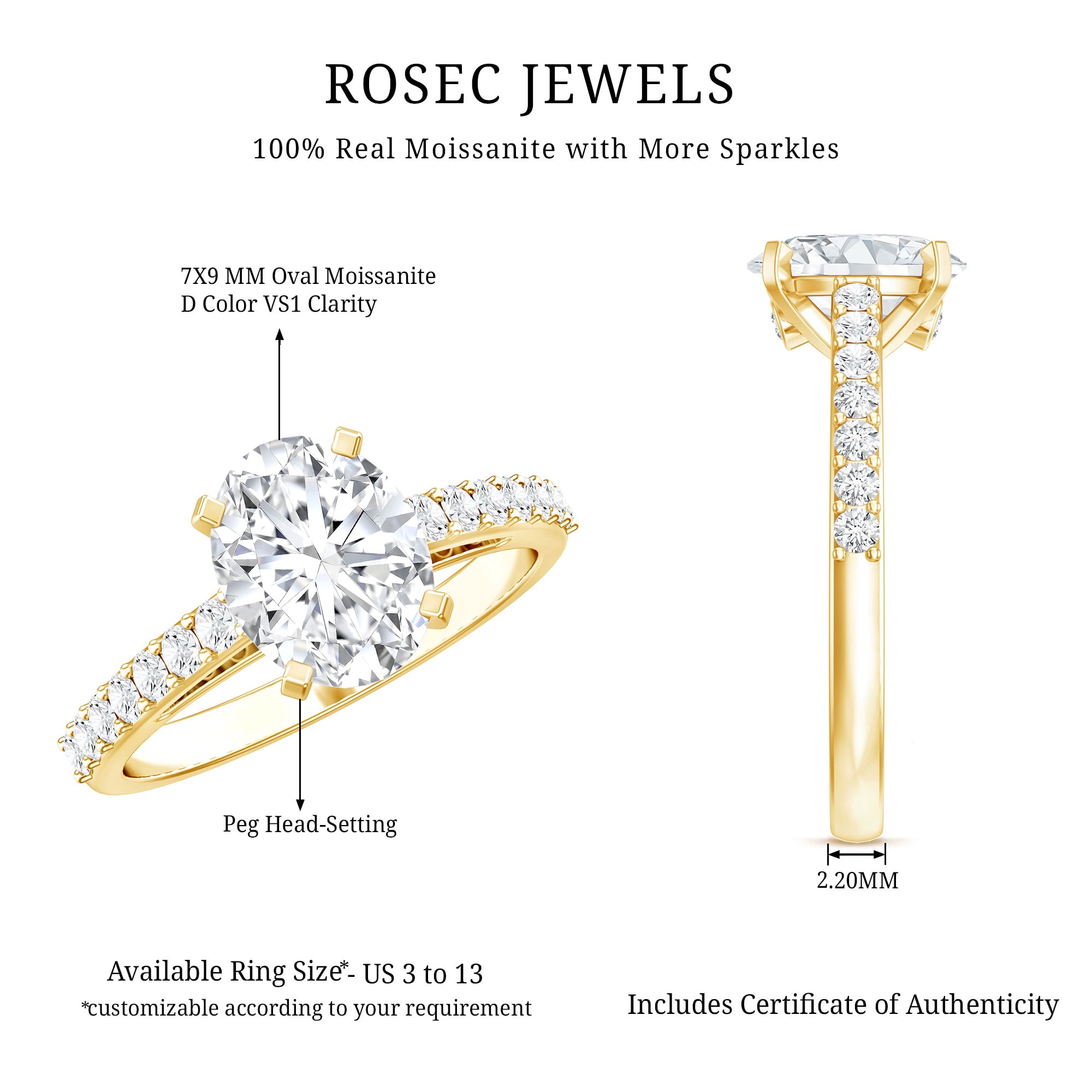 Rosec Jewels 2 Carat Moissanite Engagement Ring for Women - 7X9 mm Oval Moissanite Ring - D-VS1 Grade, 14K Yellow Gold, US 8.50