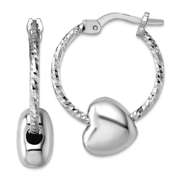 925 Sterling Silver Rhodium Plated Twisted Sparkle-Cut With Love Heart Bead Hoop Earrings 22x17.5mm Wide Hoop Earring fo