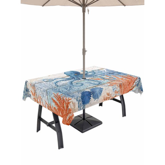 Outdoor Tablecloth with Umbrella Hole for Patio/Picnic/Party/Camping, Coastal Octopus Waterproof Table Cloth Rectangle Table Cover Washable, Nautical Coral Leaf Turquoise Wood Grain (60"x 84")