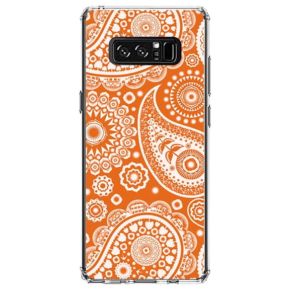 DistinctInk Clear Shockproof Hybrid Case for Samsung Galaxy Note 8 - TPU Bumper, Acrylic Back, Tempered Glass Screen Protector - Orange White Paisley