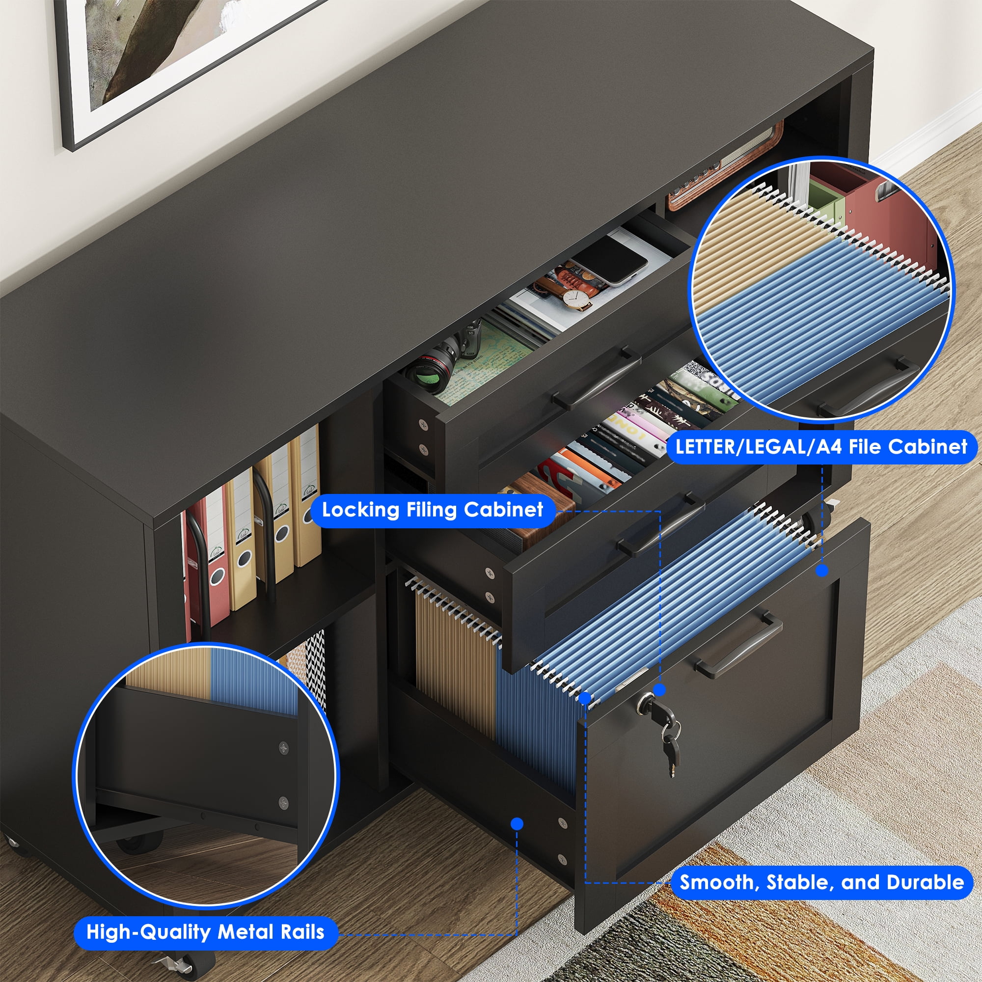 Modfurne 3 Drawer Wood Mobile Large lateral File Cabinet, Lockable Rolling Filing Cabinet, Printer Stand Home Office Storage Fits Files Legal/A4 (Black)