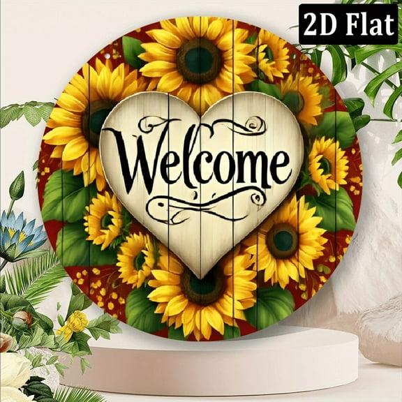 2D Aluminum Welcome Sign with Sunflower Wreath Design - 1pc, Vintage Style Round Metal Wall Art for Home, Cafe, Bar, Restaurant Decor, Retro Garage Hanging Plaque, 8 * 8 Inch