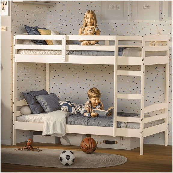 CHAMPFLAG White Solid Pine Wood Twin Bunk Bed with Guardrails, Space Saving Loft Bed for Guest Room, Dorm, Detachable into 2 Beds, Ladder Included