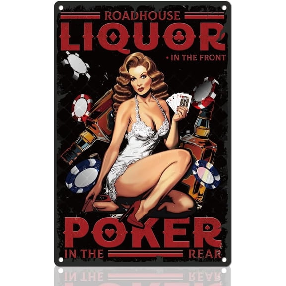 Liquor Poker Tin Sign Retro Metal Wall Decor 8" x 12" Vintage Pin Up Woman Wall Art Poster for Home Cafes Outdoor Garage Bar Living Room Bathroom Man Cave Decor Gift