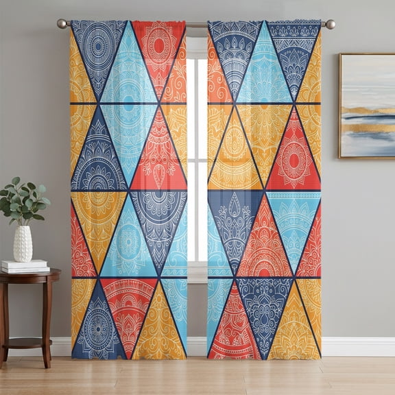Blue Yellow Red Boho Sheer Curtains 72 Inch Length 2 Panels Set, Vintage Ethnic Tribe Abstract Art Voile Window Treatment Rod Pocket Curtains Sheers Drapes for Bedroom/Living Room/Kitchen 52"x72"x2