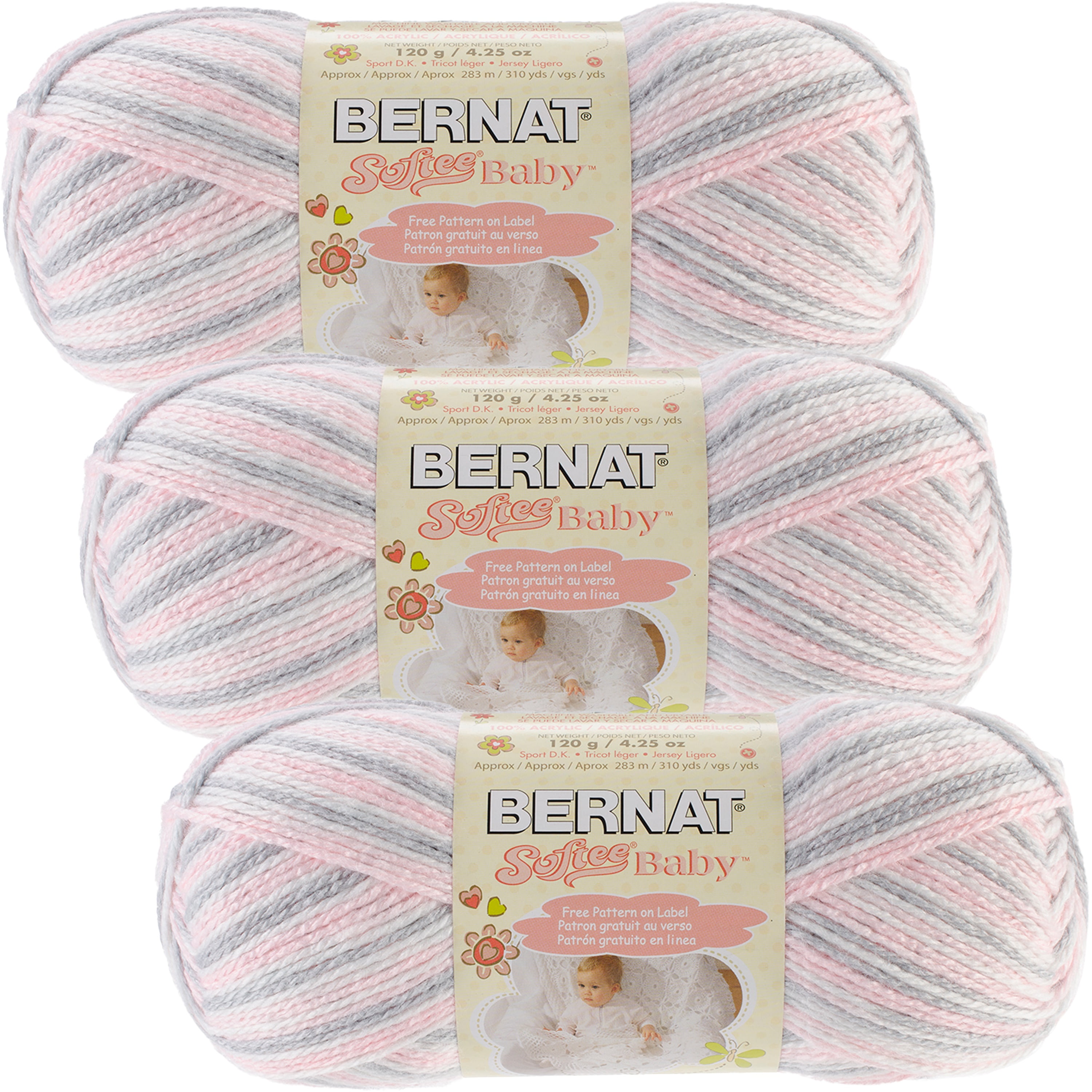 Bernat Softee Baby Yarn OmbresPink Flannel, Multipack Of 3
