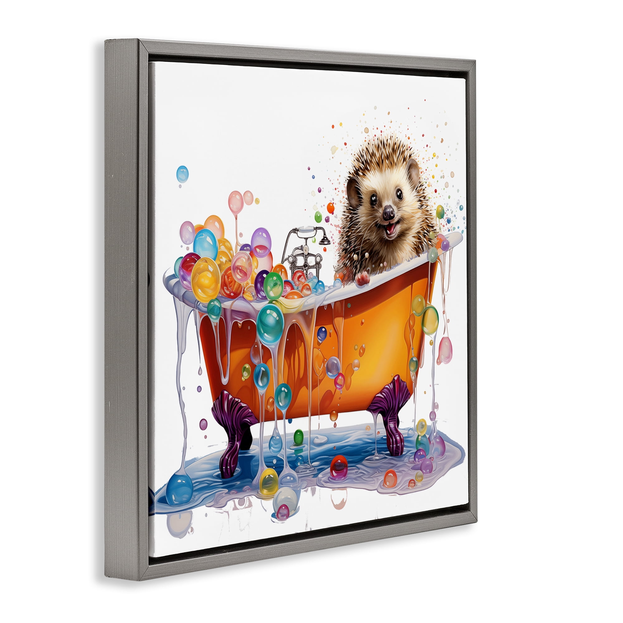 Stupell Industries Happy Hedgehog Bubble Bath Bath & Laundry Painting Gray Floater Framed Canvas Art Print Wall Art, 18 x 18