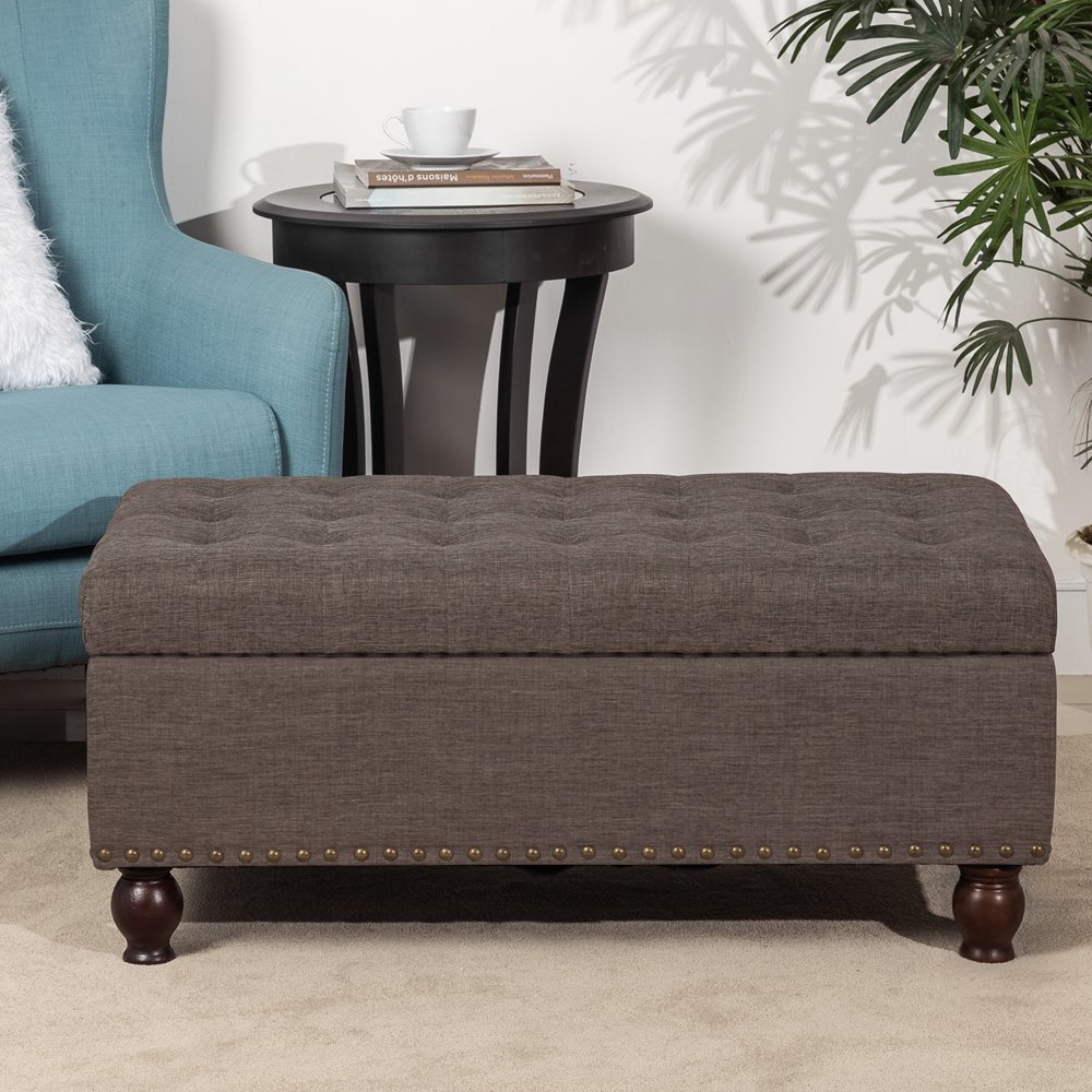 Joveco Linen Fabric Rectangular Tufted Lift Top Storage Ottoman Bench with Solid Wood Legs, Nail