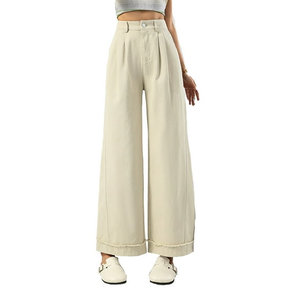 MIXUE Jeans For Women Solid Color Lazy Casual Rolled Wide Leg Pants Spring Loose Straight Pants 2025 Trousers Outwear,Brown,M