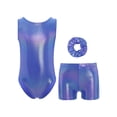 thumbnail image 3 of TSSOE Girls Glossy Dance Leotard and Shorts Set Sleeveless Criss-Cross Back Bodysuit Top + Shorts Scrunchies for Ballet Blue 7-8, 3 of 7