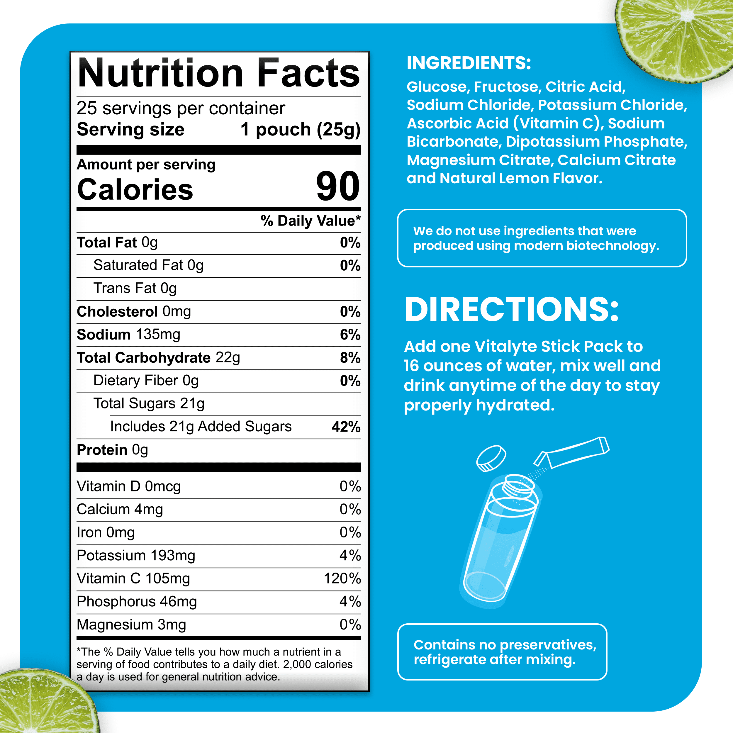 Vitalyte Cool Citrus Electrolyte Powder Packets Mix, Isotonic Hydration, 25 Single Serving Stick Packet