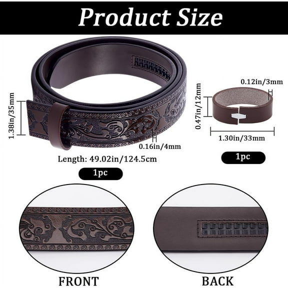 49 Inch Cowhide Belt Strap Replacement 1-1/2"(35mm) Wide Floral Engraved Genuine Leather Embossed Western Cowboy Men's Waist Belt Strap Accessories Without Buckle for Cowboy Cowgirl Brown