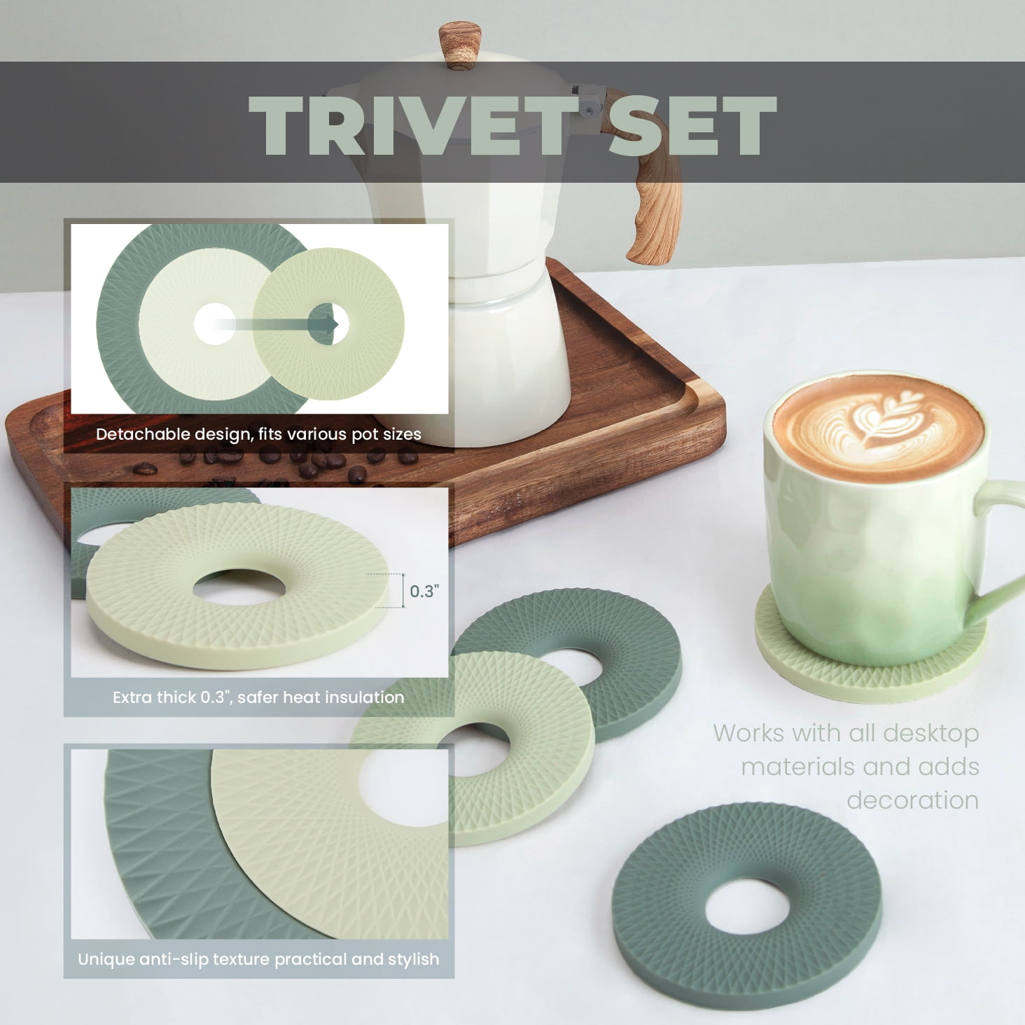 Grip Heat Resistant Silicone Oven Mitt and Trivet Set, Waterproof, Cotton Lined, BPA-Free - 8 Piece Kitchen Set mint color