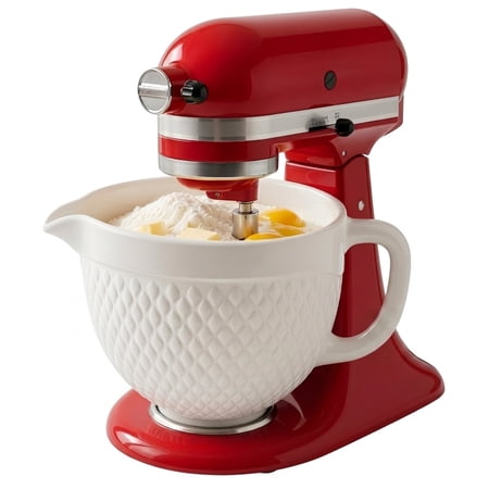 5 Quart Ceramic Mixing Bowl Attachment with Ergonomic Handle and Pour Spout for KitchenAid 4.5 and 5 Qt Tilt-Head Mixers, White Textured