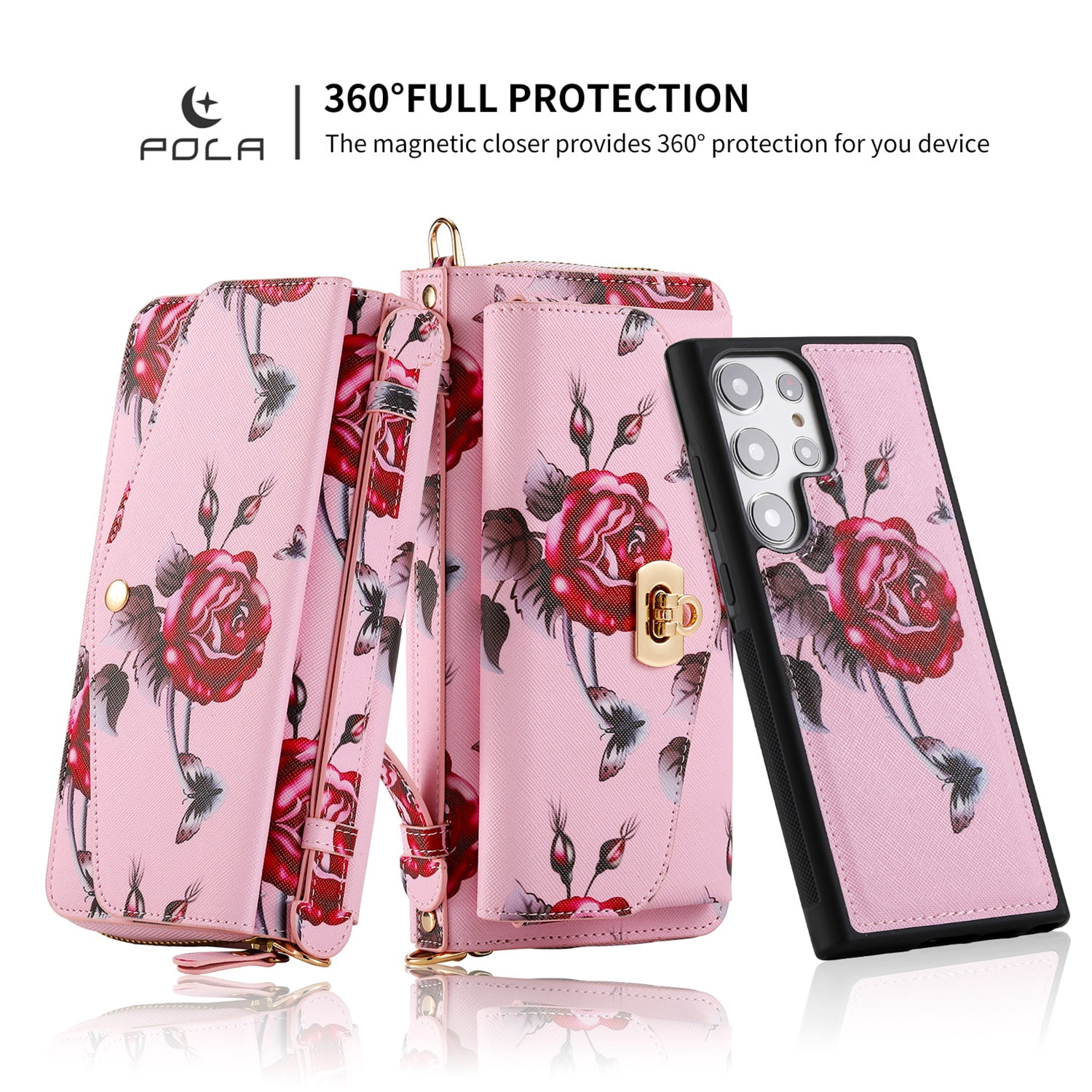 SaniMore Magnetic Detachable Wallet Case for Samsung Galaxy S22 Ultra, Flower Pattern RFID Blocking Cover Support Wireless Charging Card Slot Shoulder & Wrist Strap 360° Full Protective Shell, Pink