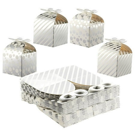 Paper Treat Boxes - 36-Pack Gable Favor Boxes, Fun Party Play Goodie Boxes - 3 Dozen Stripe Polka Dot Loot Gift Boxes Birthday Party, Baby Shower, Wedding - Silver, 4 Designs, 3.7 x 3.2 x 3.7