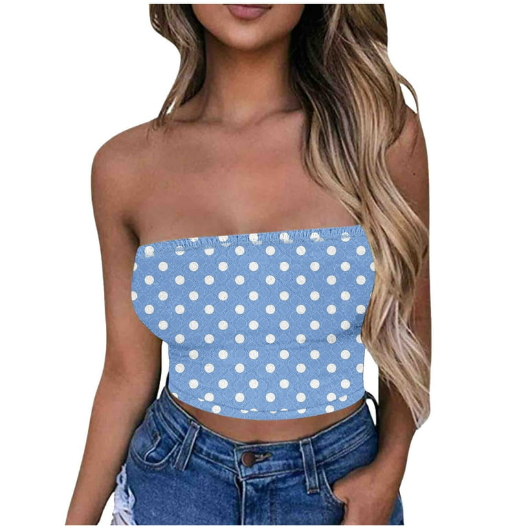 POROPL Tube Tops for Women Cropped Polka Dots Graphic(Blue,1