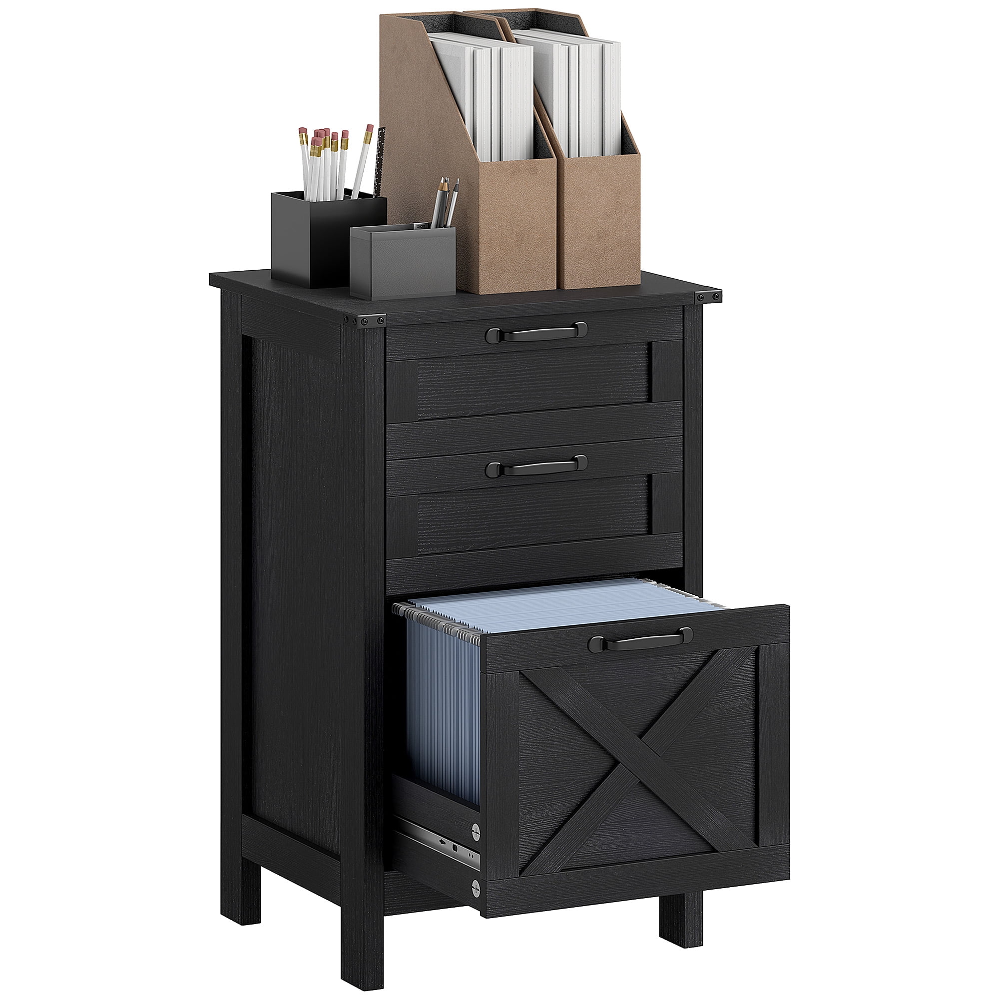 HOMCOM 3 Drawer File Cabinet, Filing Cabinet for Hanging A4/Letter Size, Farmhouse Printer Stand with Storage for Home Office, Distressed Black