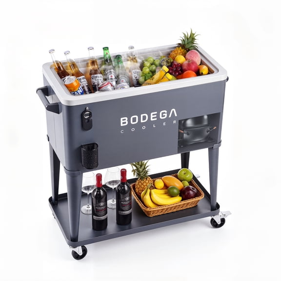 BODEGA 50L(53Qt) Rolling Cooler Cart No Ice Needed Fridge with Shelf, -4°F to 68°F Outdoor Refrigerator Freezer, Rolling Wheeled Beverage Cooler for Patio, Porch,Party, Gathering