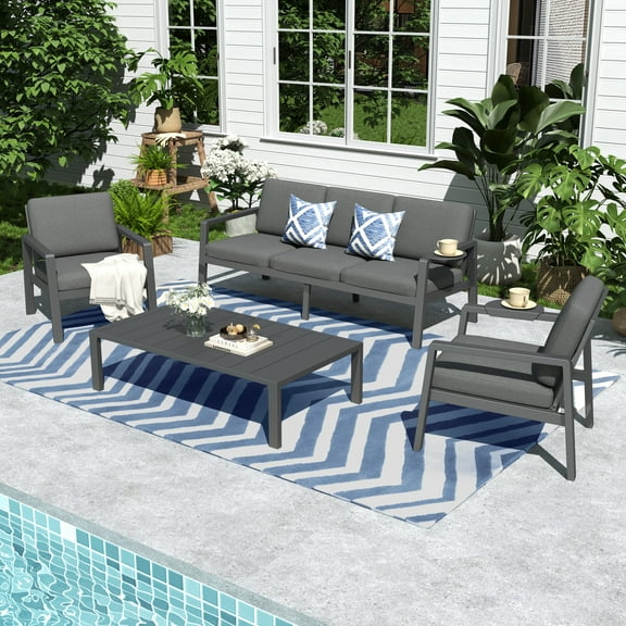 GREEN MORE 4 Piece Outdoor Patio Furniture Set, Conversation Sets, All-Weather Metal Frame Sofas with Cushions and Coffee Table, for Garden Balcony Courtyard Poolside, Grey