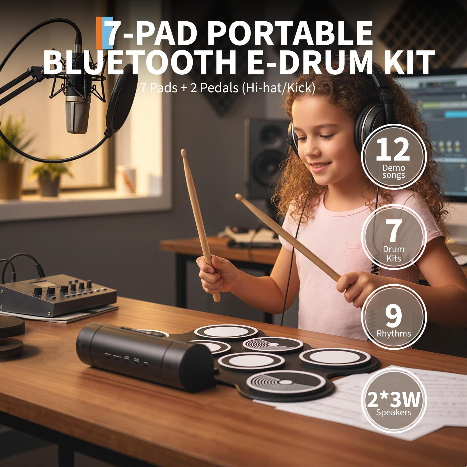 Electronic Drum Set with 9 Pads, Portable Roll-Up Drum Kit with Built-in Speaker, Headphone Jack, Pedals & Sticks, Recording Function, Best Holiday Gift For Music Lover