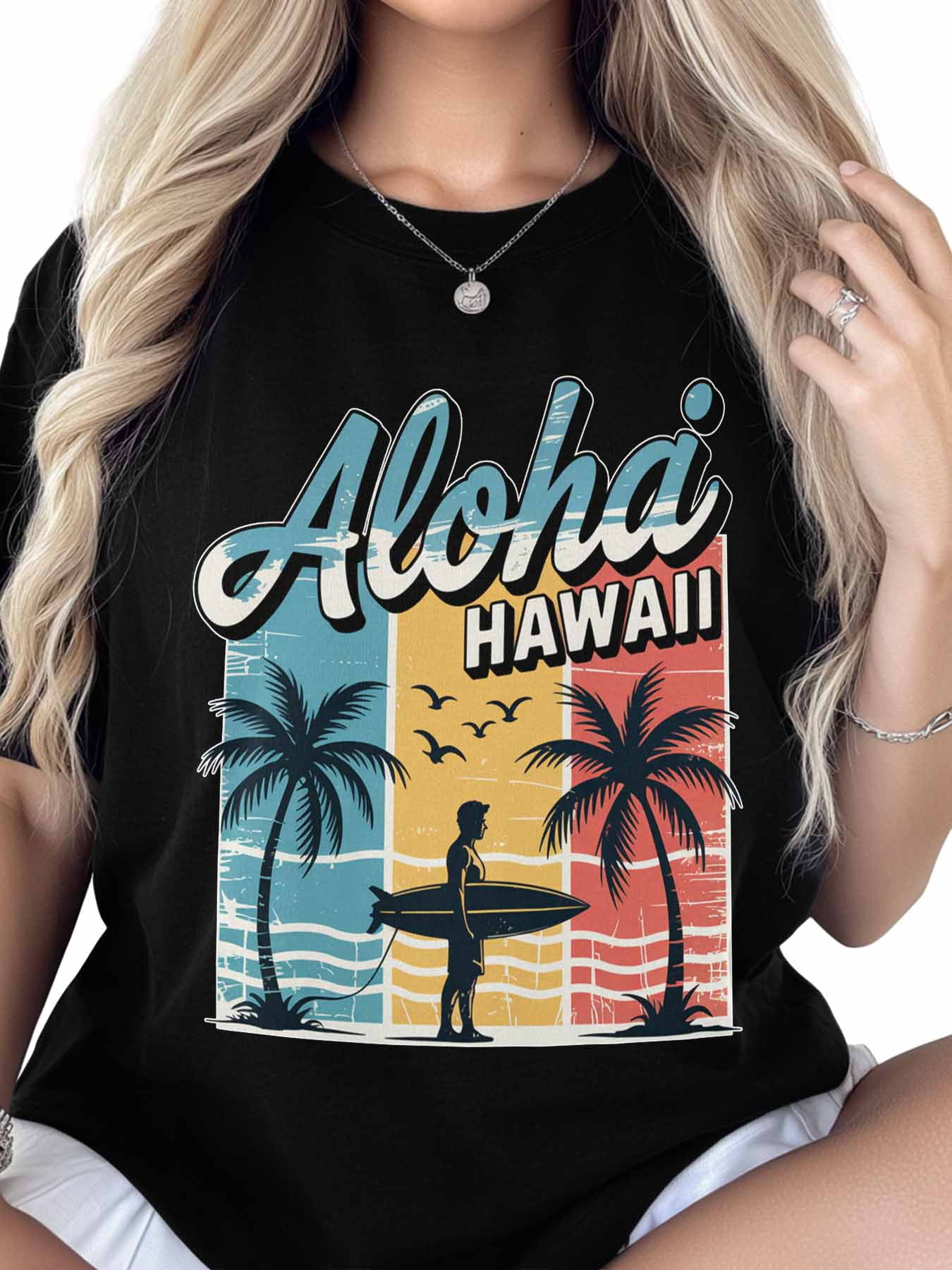 Women's T-Shirt Aloha Hawaii Retro Beach Surfing Vacation Short Sleeve Casual Tee Classic Crew Neck T Shirt for Women Black, M