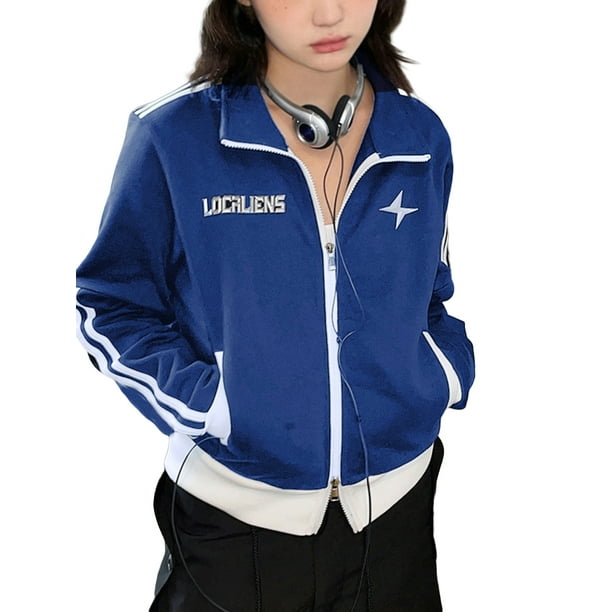 Sunisery Women Zip Up Short Jackets Stand Collar Tracksuit Long Sleeve  Racing Jacket Sweatshirt Tops Streetwear Navy Blue M