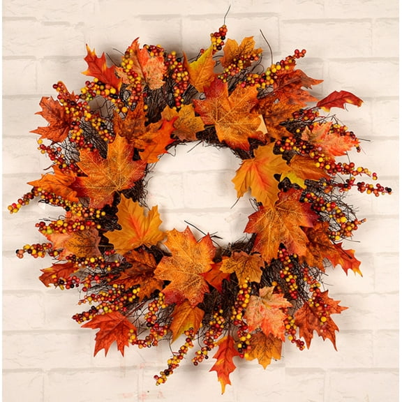 Bobasndm 18 Inch Fall Wreath for Front Door, Fall Wreath with Wooden Maple Leaves, Gold and Red Foliage Fall Decorations for Home