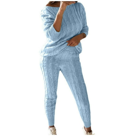 Idoravan Women's 2-Piece Pajama Sets,Womens Solid Color Off Shoulder Long Sleeve Cable Knitted Warm Two-Piece Long Pants Sweater Suit Set Sky Blue XL