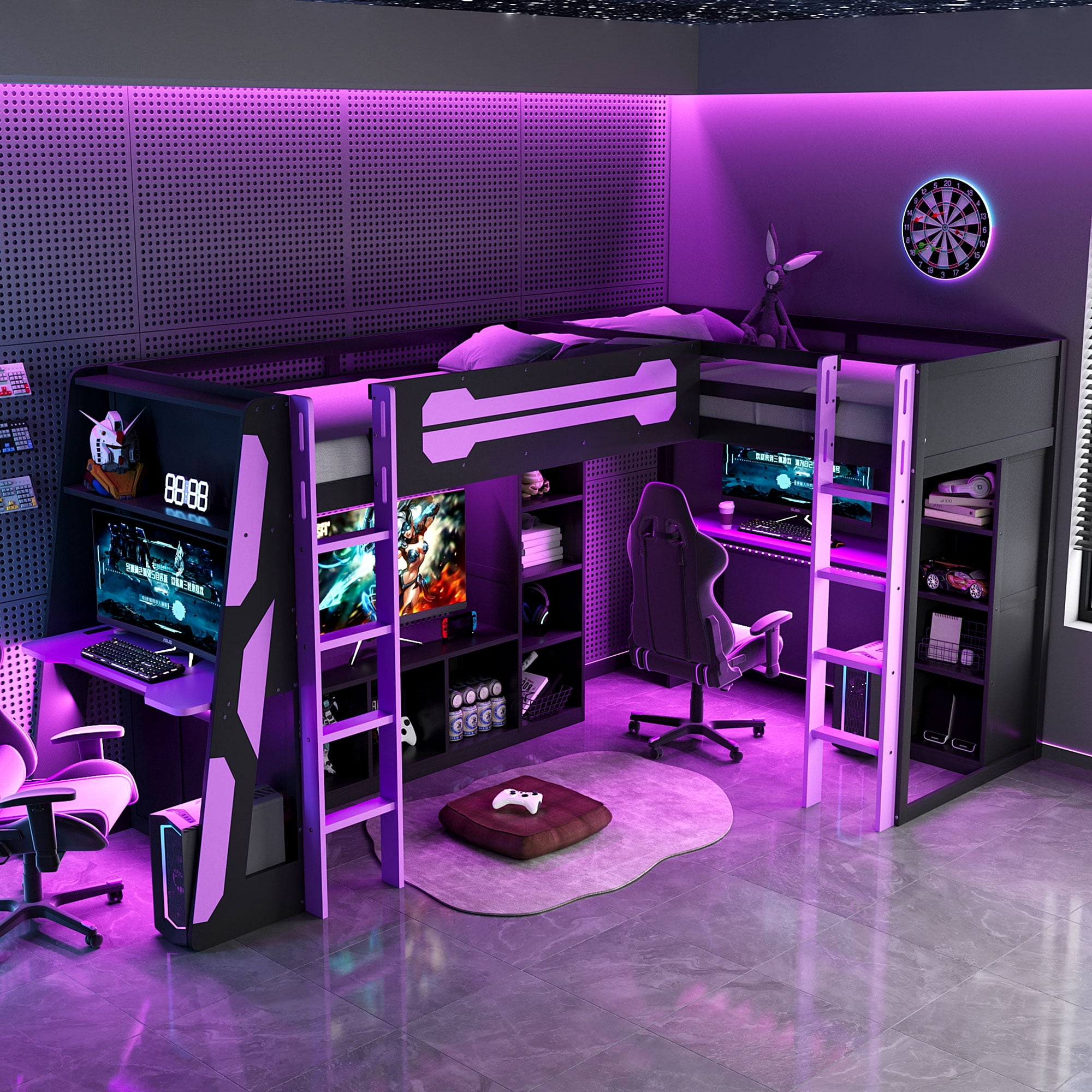 Mintazer L-Shaped Twin Loft Bed with 2 Gaming Desks, Gaming Loft Bed with RGB Lights & USB Charging Station, Black & Purple
