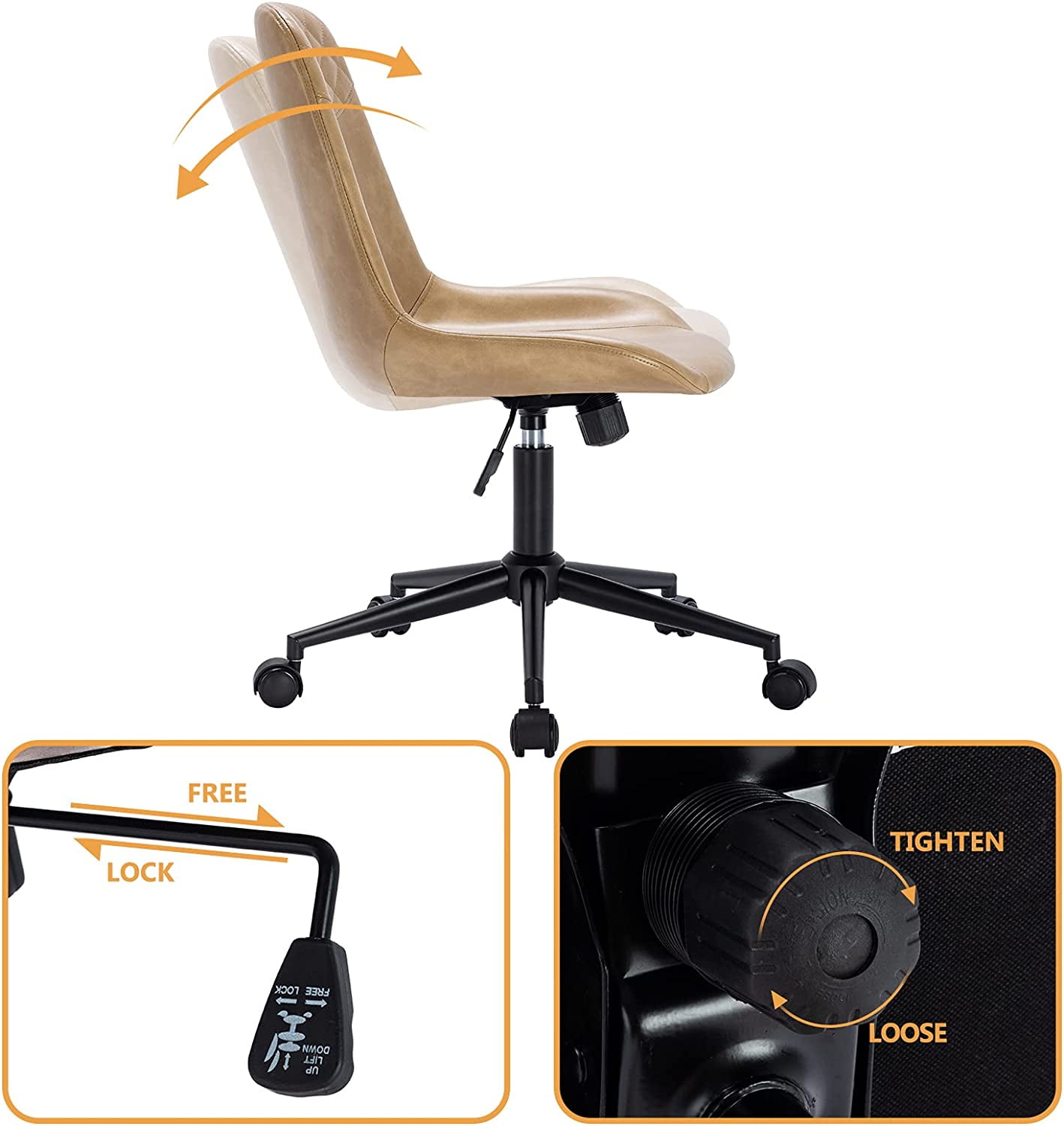 Duhome Office Desk Chair Faux Leather Swivel Desk Chair with Wheels Adjustable Computer Chair, Camel