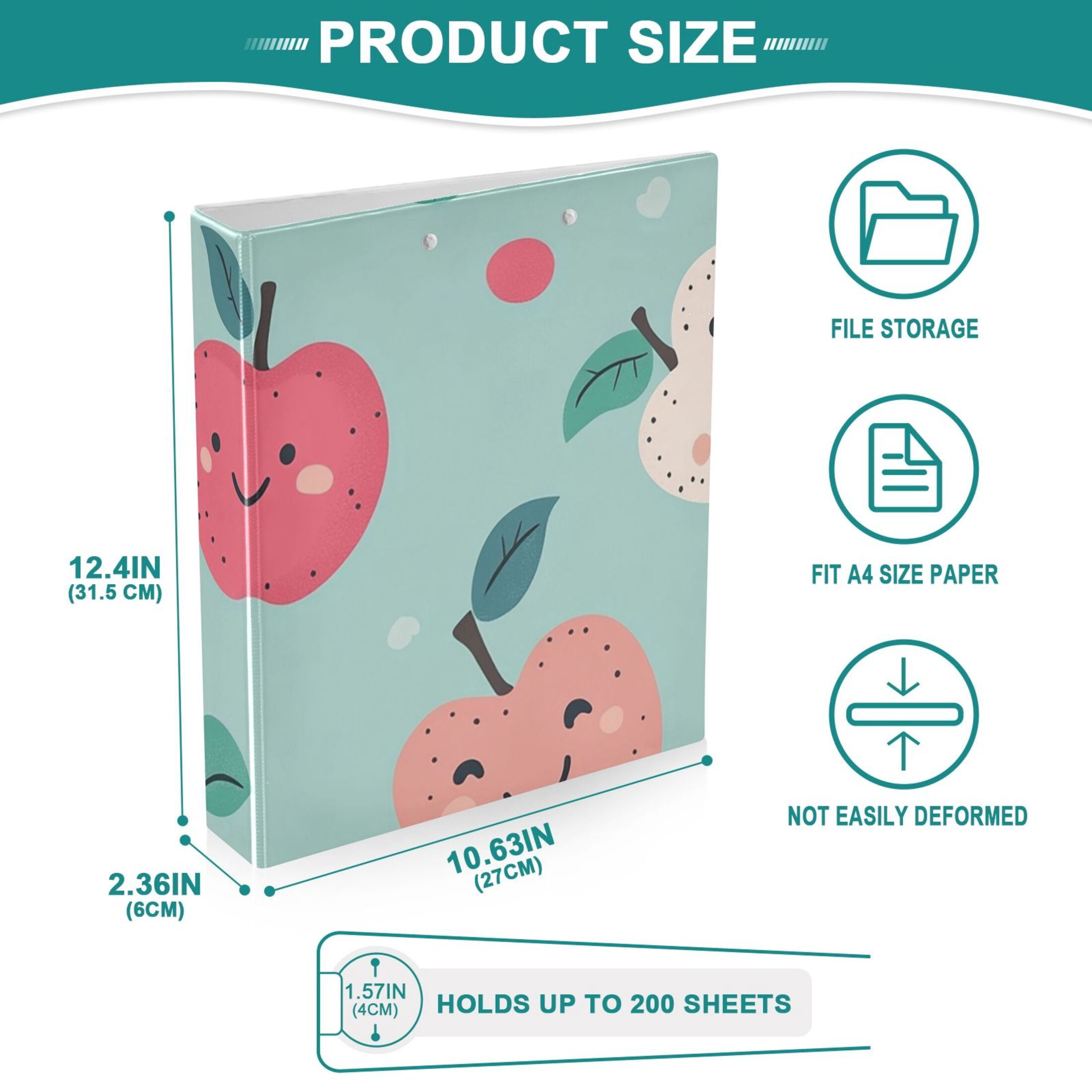 Smile Apples 3 Ring Binders 1.5 inch Hardcover File Folders with Interior Pockets A4 Size Organizer for School Office Hospital