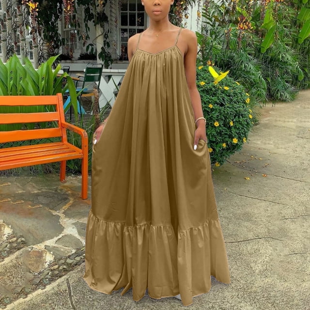 Fankiway Robe Décontractée Mode Femme Sans Manches à Bretelles avec Poche Dos Nu Grande Taille Robes de Plage pour Femmes