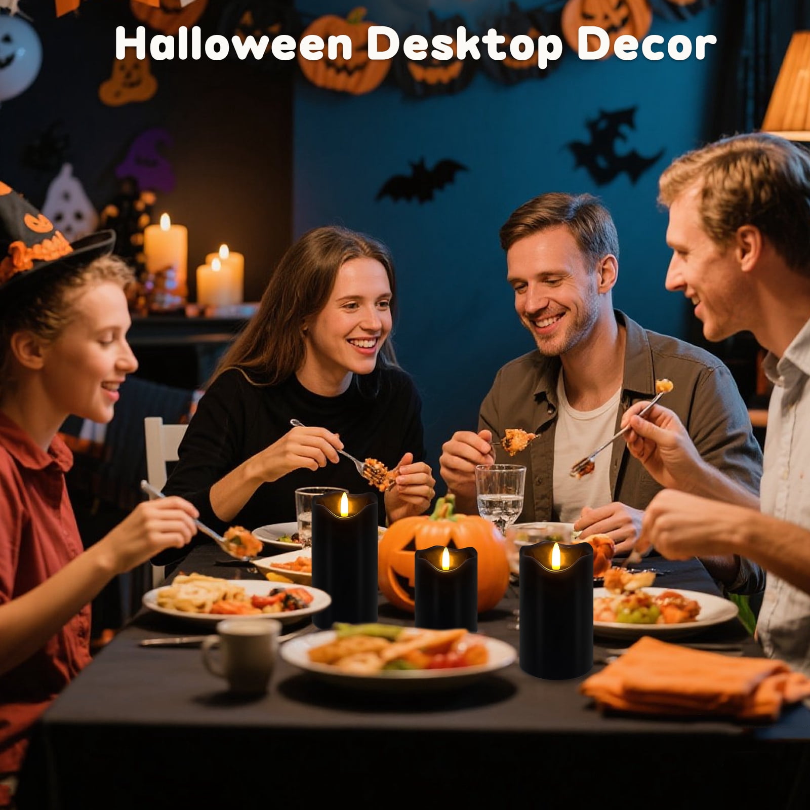 Flameless Candles Light, Set of 3 Flickering LED Candles with Remote & Timer, Dimmable Real Wax Electric Pillar Candles Battery Operated, Black Flameless Candles for Home Halloween Decor
