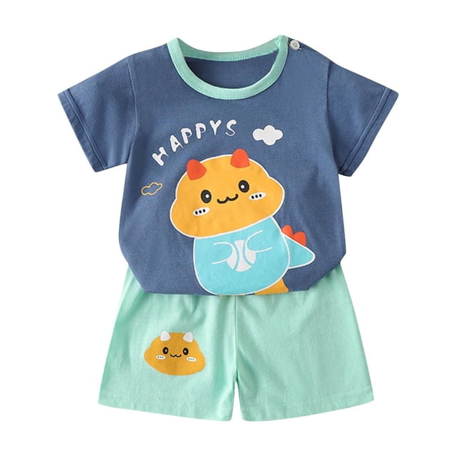 Ensembles d'Été pour Enfants, Ensembles pour Garçons, Ensemble Décontracté pour la Maison avec Haut à Col Rond à Manches Courtes et Shorts à Taille Élastique