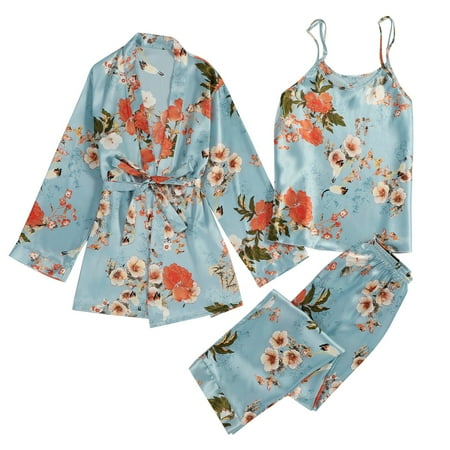

noarlalf pajamas for women women s satin pajamas flower printed nightgown + suspender vest + trousers 3pcs pajamas suit underwear women