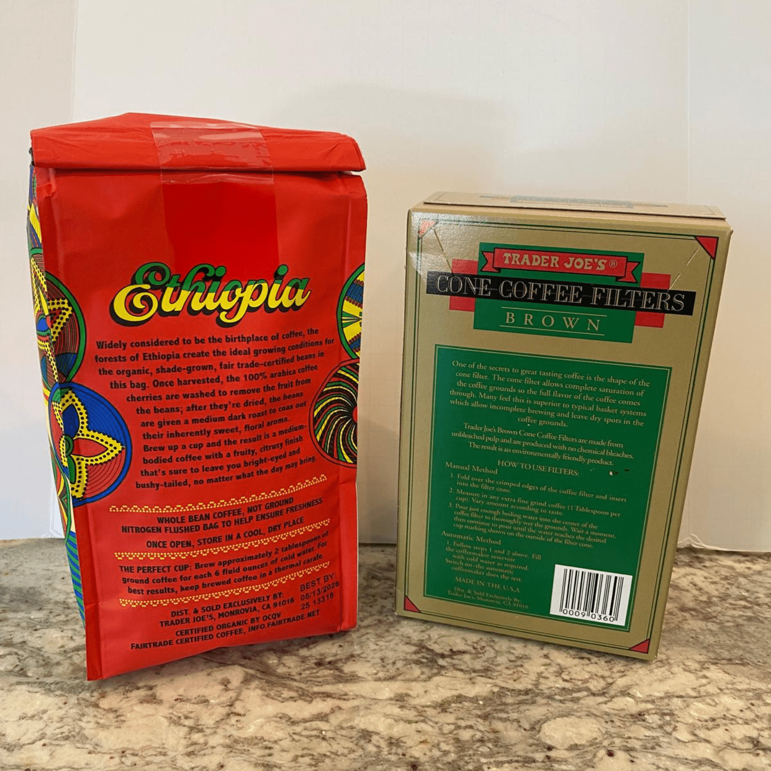 Trader Joes Organic Ethiopian Whole Bean Coffee & No. 2 Cone Coffee Filters  Medium Dark Roast Arabica, 13 oz - Pack of 2