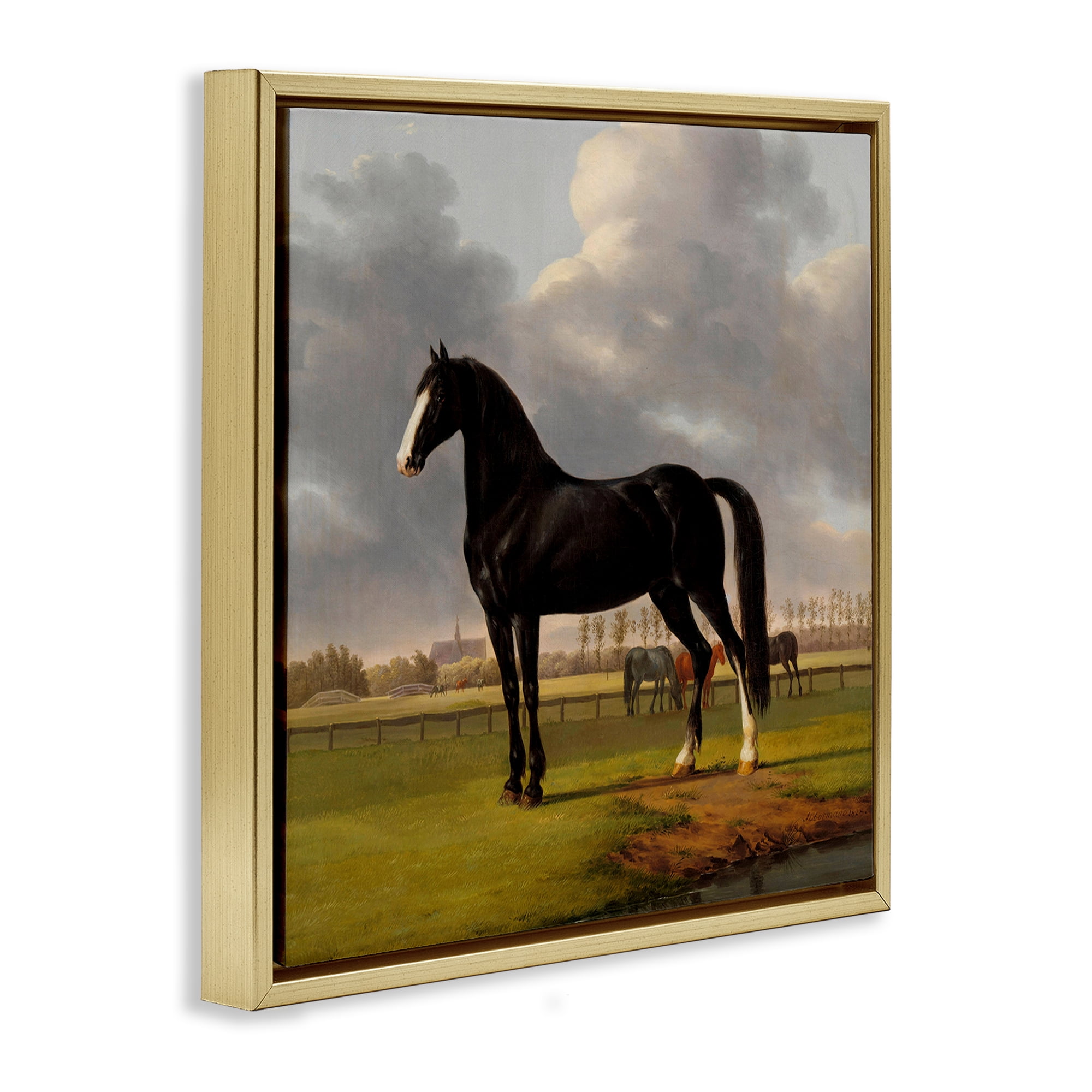 Stupell Industries Classic Black Stallion Animals Painting Gold Floater Framed Canvas Art Print Wall Art, 18 x 18