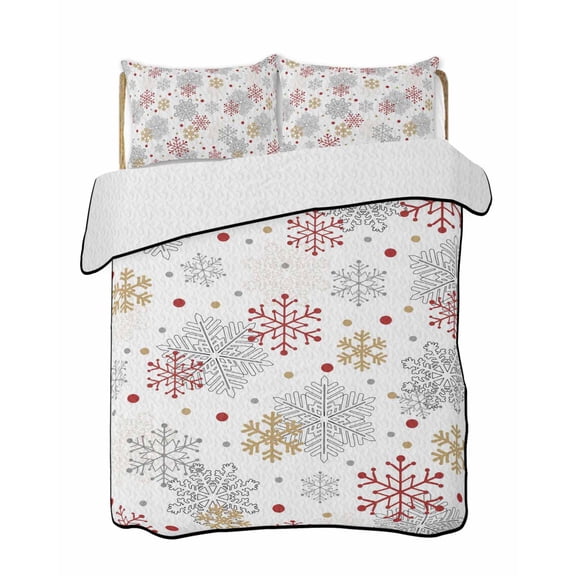 Twin Quilt Bedding Set, Red Yellow Snowflake Christmas Reversible Summer Quilt 3 Pieces, Xmas Snowflake Winter Lightweight Bedspreads Coverlets with 2 Pillow Shams for All Seasons