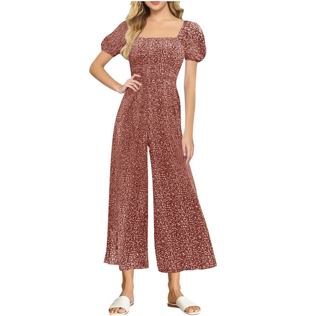 Combinaison pour Femmes, Col Carré Manches Courtes Imprimé Jambes Larges Tenue Décontractée d'Été, Noir TG