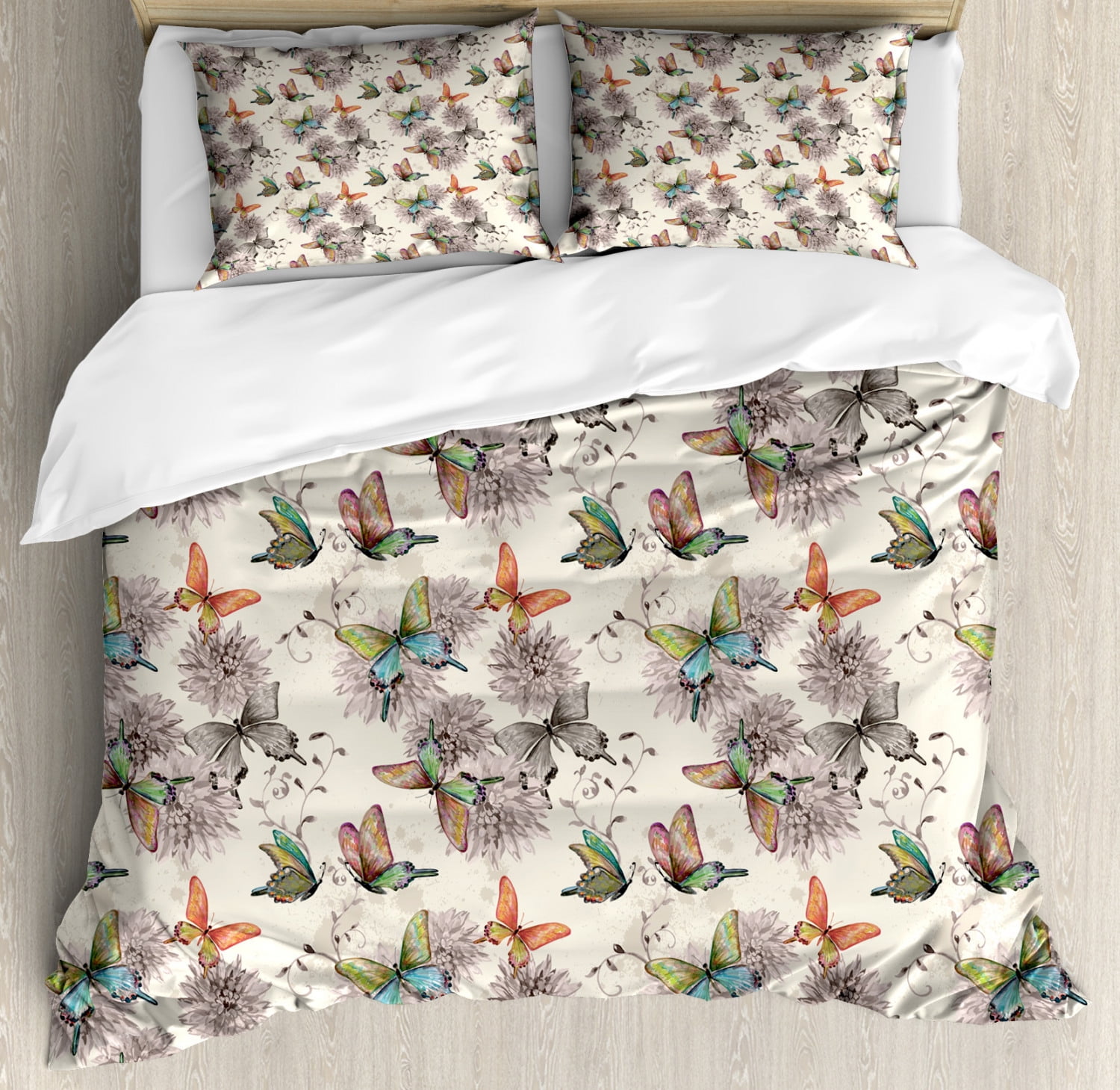 Butterfly Duvet Cover Set Flying Animals Hand Drawn Watercolor