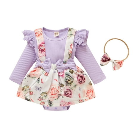 

Toddler Girls Long Sleeve Floral Printed Bowknot Romper Bodysuits With Headbands Outfits Child Clothing Streetwear Kids Dailywear Outwear