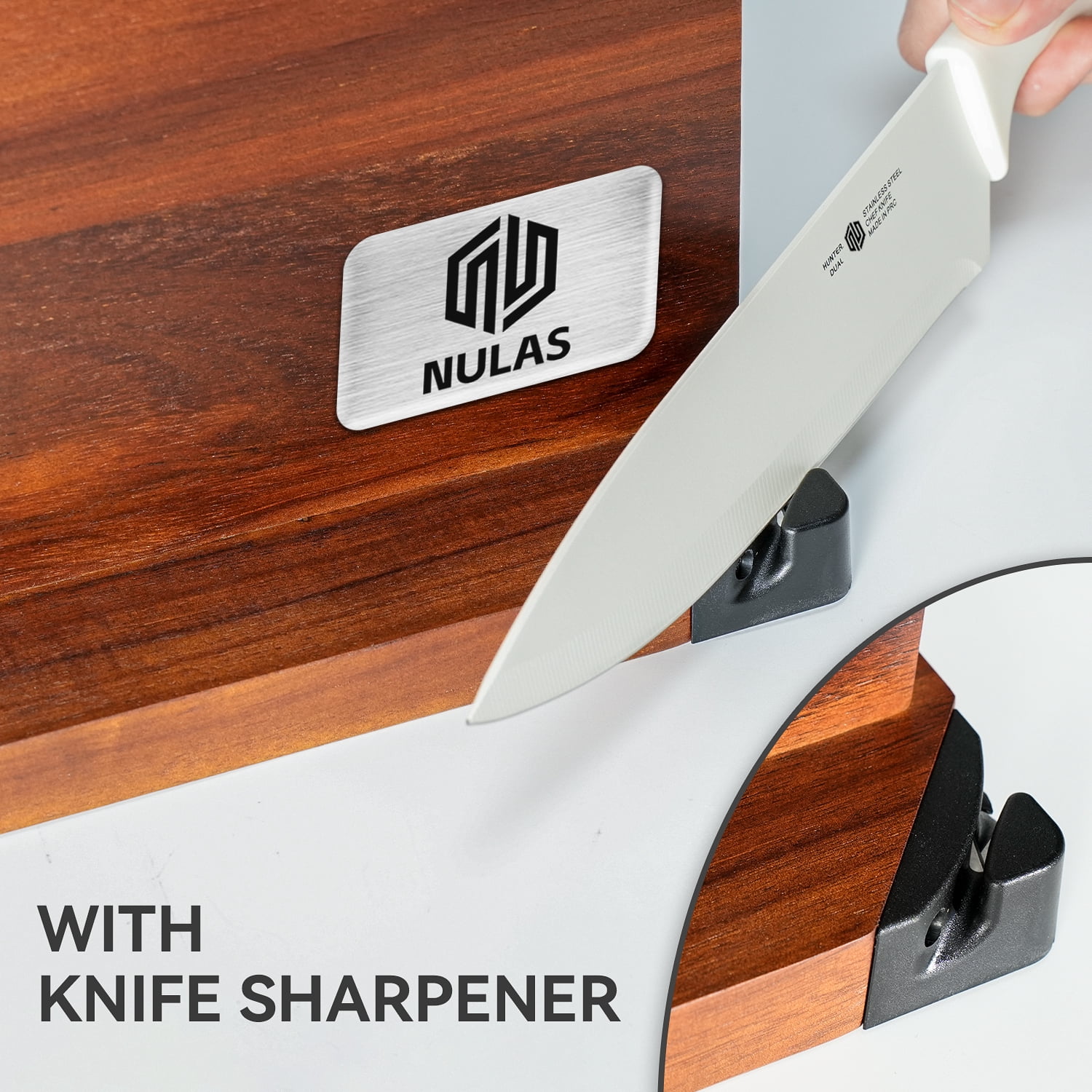 NULAS Magnetic Knife Block with Built-in Sharpener, Solid Wood Countertop Holder for Knives & Tools, No-Slip Base, Space-Saving Kitchen Organizer