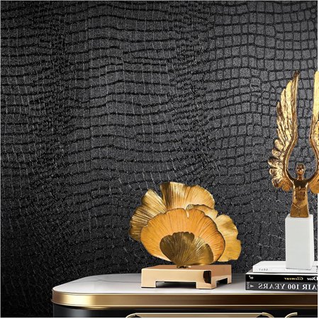 Black Peel and Stick Wallpaper, 15.7'' X 118'' Crocodile Wallpaper Embossed Easy Off Self Adhesive Removable Contact Paper Textured for Cabinet Bedroom with Knife Tape Measure 0001